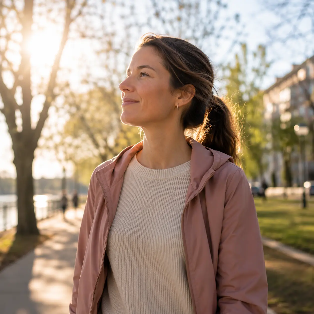 Frau genießt einen Herbstspaziergang in der Sonne Aspilos