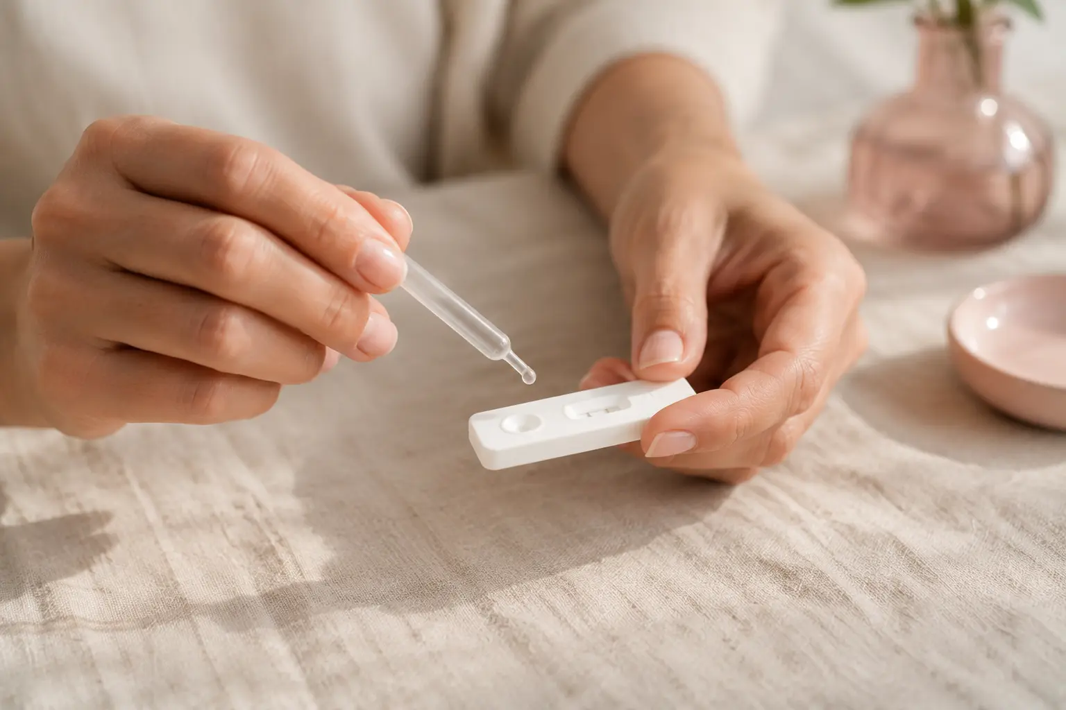 Pufferlösung wird auf das Testfeld der Selbsttestkassette aufgetragen