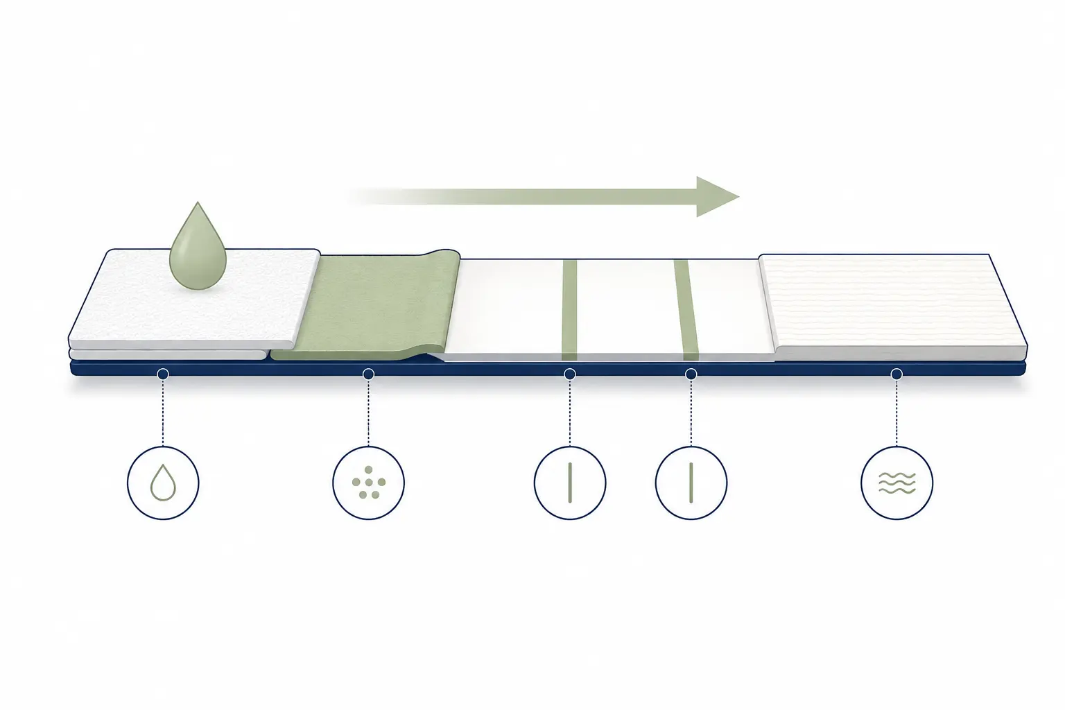 Schematische Darstellung eines Lateral-Flow-Schnelltests im Querschnitt