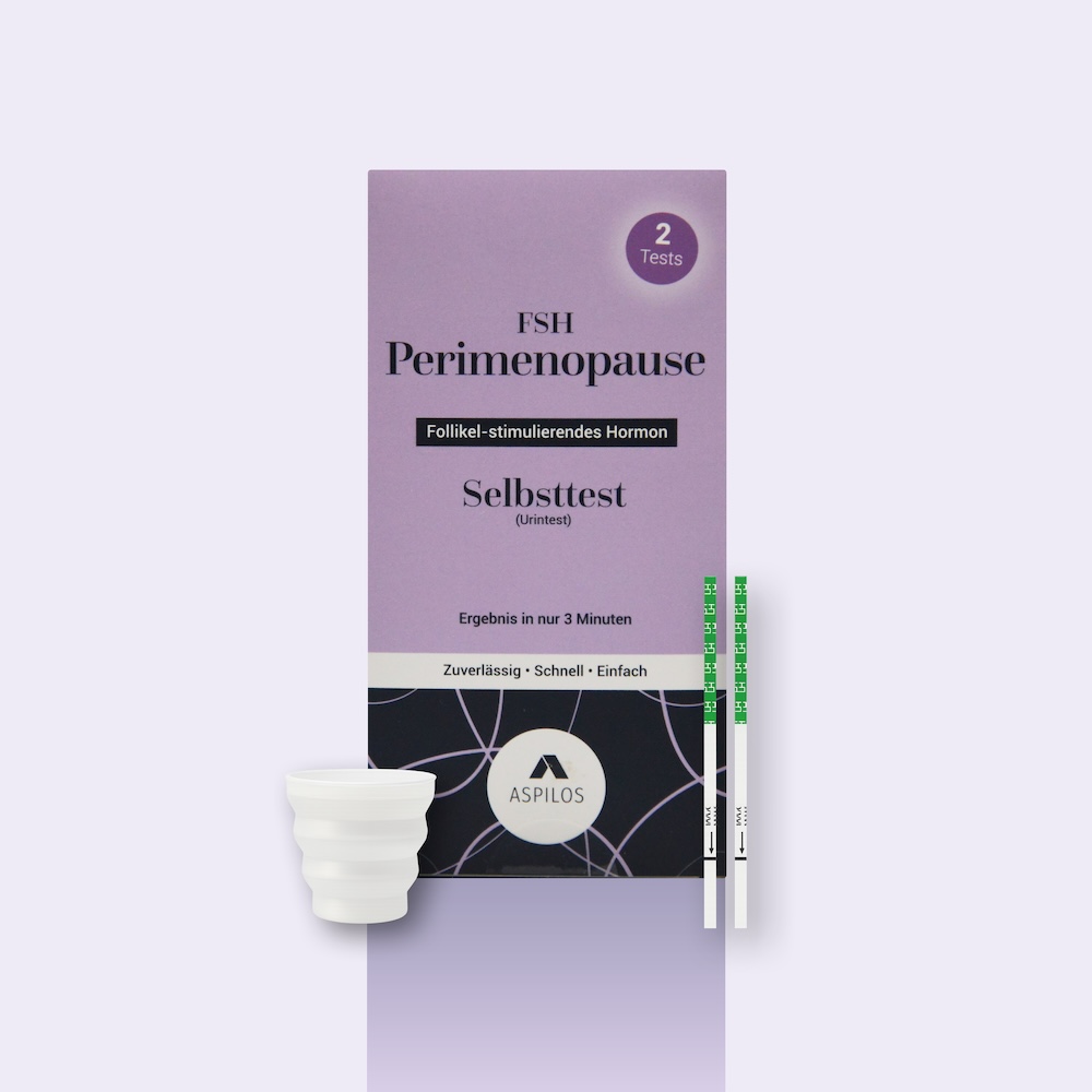 FSH Perimenopause Selbsttest mit Probenbecher und Teststreifen