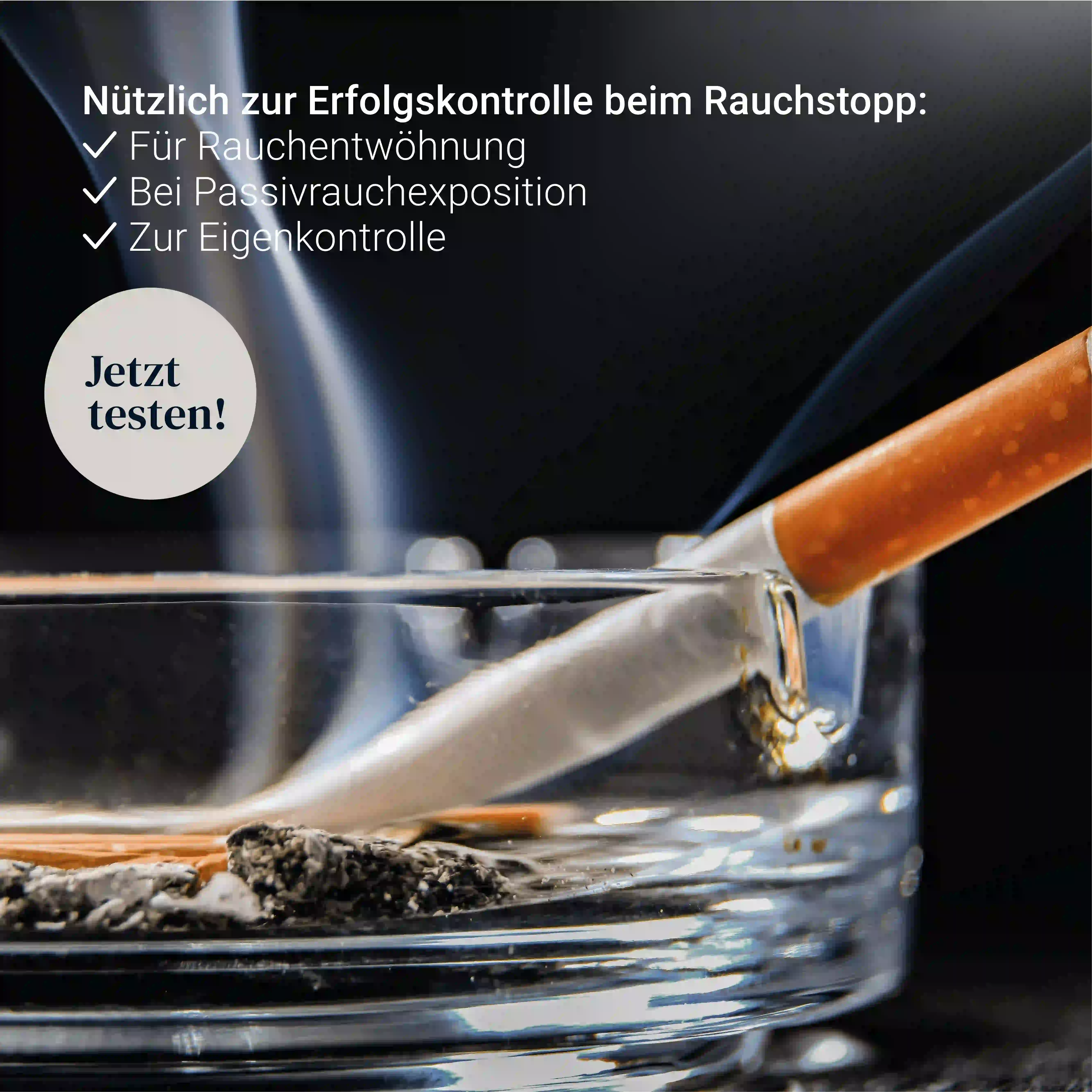 Nahaufnahme einer Zigarette im Aschenbecher, Symbolbild für Rauchentwöhnung und Nikotinkontrolle