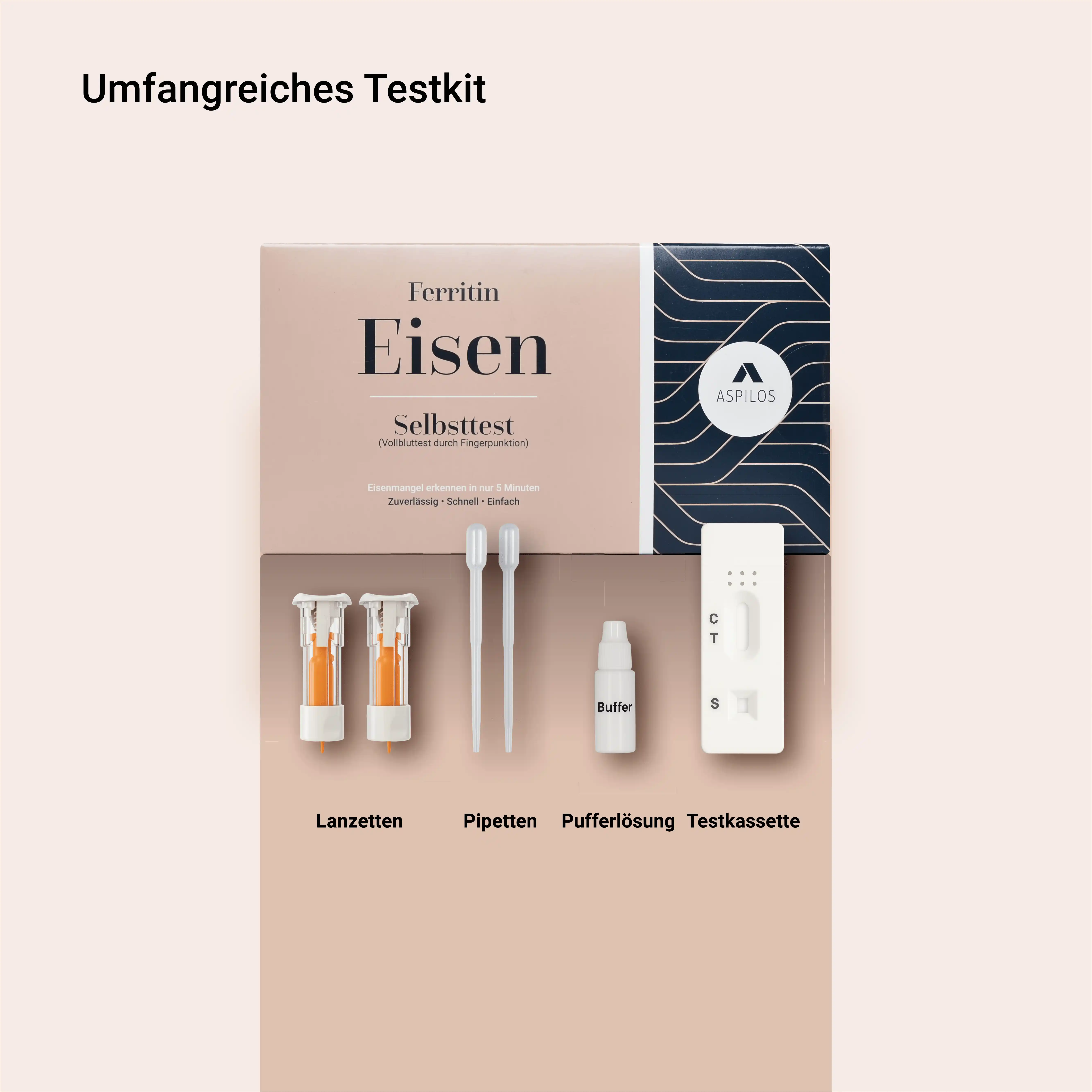 Eisen Selbsttest Set mit Lanzetten, Pipetten, Pufferlösung und Testkassette, Komplettkit von Aspilos