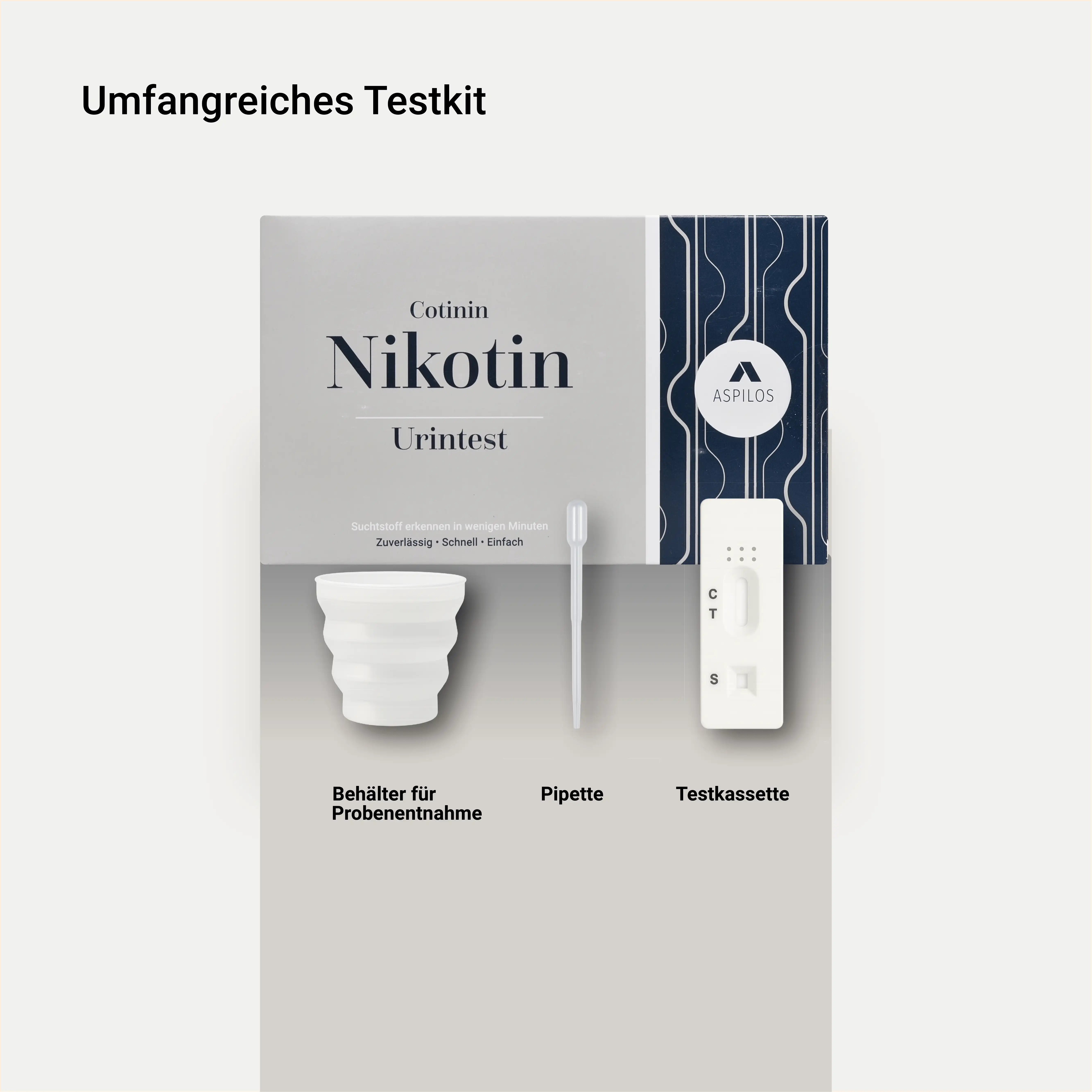 Nikotin Testkit von Aspilos mit Urinbecher, Pipette und Testkassette zur Nikotinnachweis-Kontrolle